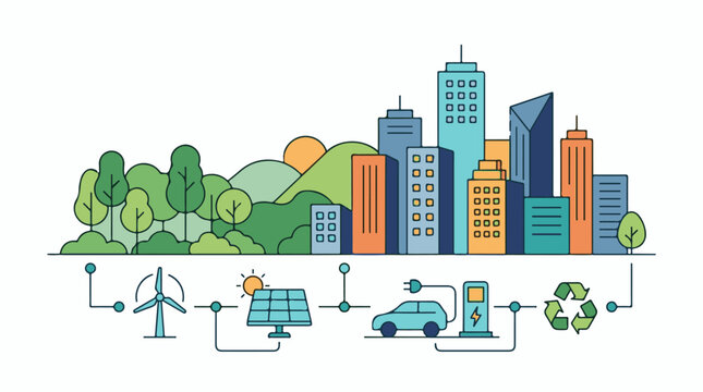 A cityscape with green hills and trees, and a flowchart of renewable energy sources
