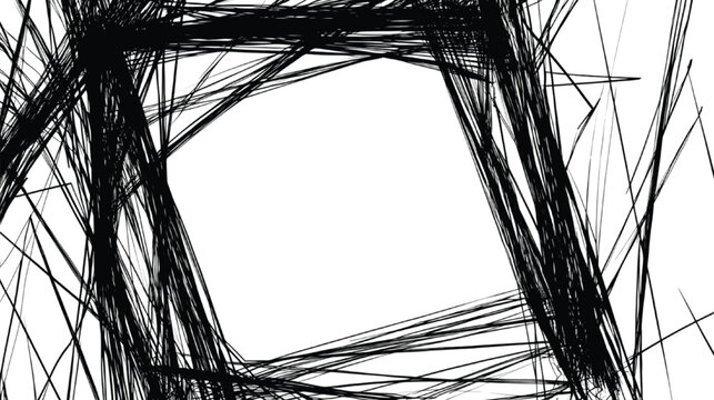 Frame border consists of erratic black charcoal-like scribbles and sharp intersecting lines creating a chaotic yet artistic boundary that encircles a clean empty space for text placement.