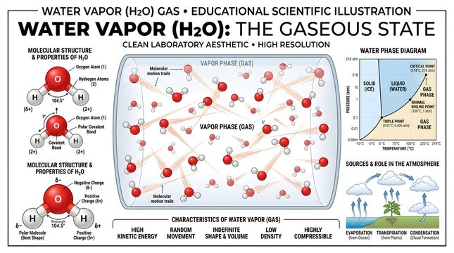 Water vapor (H₂O) gas &ndash; the gaseous state educational scientific illustration featuring molecular structure, detailed gas‑phase particle model, phase diagram section and simplified view of the water c