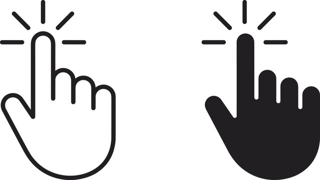 Touch screen hand gesture and mouse cursor click icon set featuring black line and solid silhouette pointer vectors