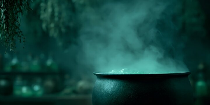 Green-hued potion boils in mystical setting