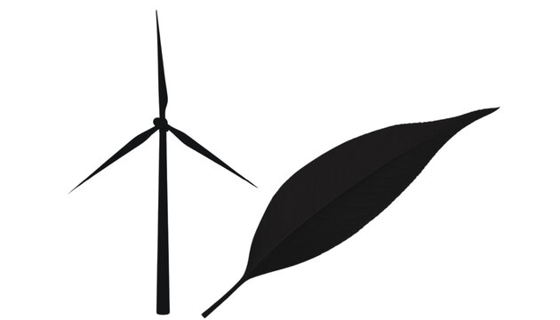 Windmill turbine stands next to a single green leaf to represent clean energy and natural resources.