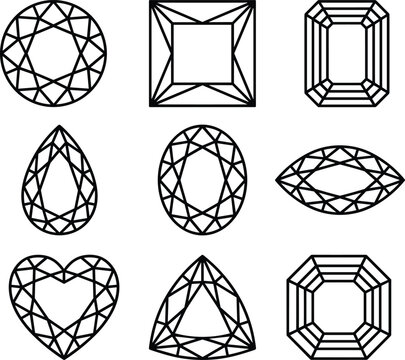 Luxury diamond gemstone cuts outline icon set featuring geometric round princess emerald pear oval heart and trillion vectors