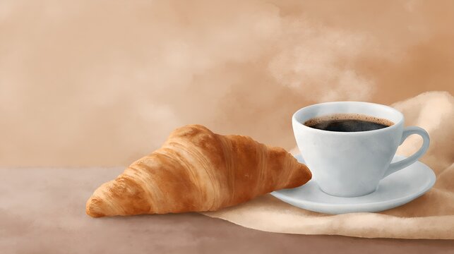 Steaming coffee and flaky croissant on warm-toned surface