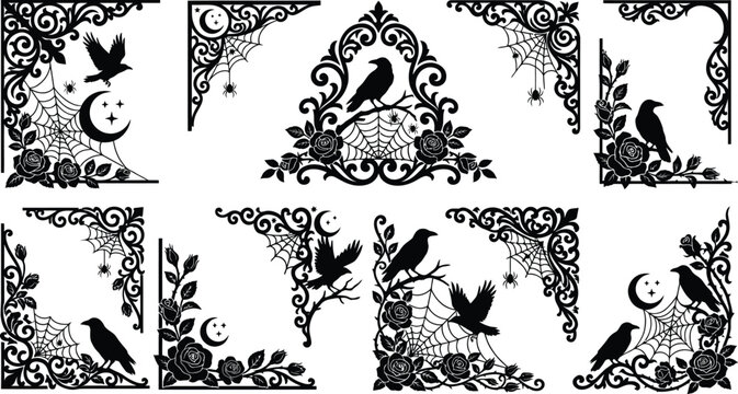 Gothic Halloween Decorative Corner Borders Set with Ravens, Spiderwebs, and Roses - Vector Silhouettes