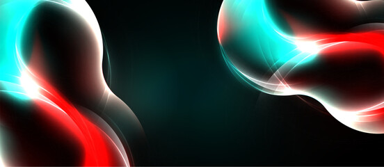 Naklejka premium Abstract shapes glow, vibrant red, turquoise hues contrast against dark background. Smooth curves create dynamic visual effect.