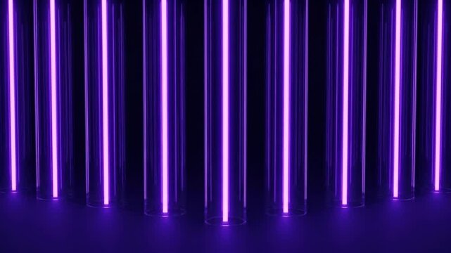 ネオンバイオレットの水平な幾何学バリアが垂直な開通チューブへと変化する抽象的な物理シミュレーションCG