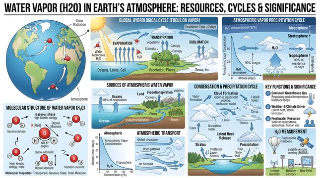 Water vapor (H₂O) in Earth&rsquo;s atmosphere: resources, cycles and significance infographic mapping global distribution, evaporation and precipitation, vertical profiles, transport processes, molecular pr
