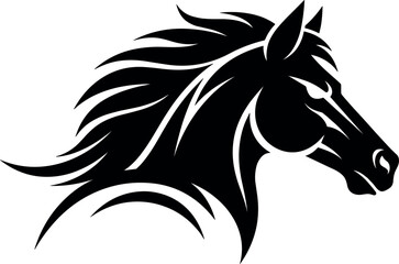 Black horse head silhouette vector illustration with dynamic wild mane isolated on white background for majestic sports logo © MstAirin