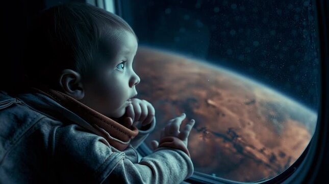 Child's Wonder at the Martian Horizon: A Dreamy Voyage Through Space Station Windows with Subtle Transitions
