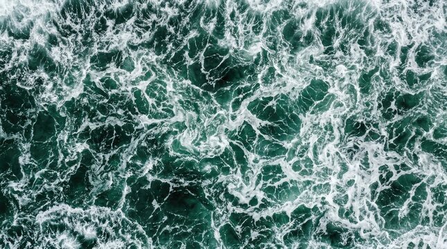 Aerial view of turbulent dark green ocean water with white foam and swirling patterns creating a dramatic seascape texture