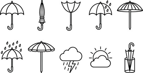 Rainy weather and umbrella outline icon set featuring open closed inverted rain sun cloud and beach parasol vectors © PUTUL