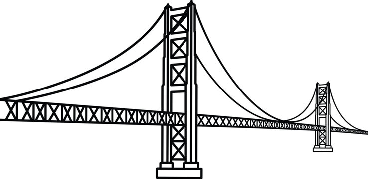 Suspension bridge outline vector illustration of large architectural overpass structure isolated on white background