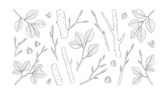 Hand drawn birch tree branches and leaves vector set, vintage botanical line art illustrations, rustic forest wood and foliage elements for wedding stationery