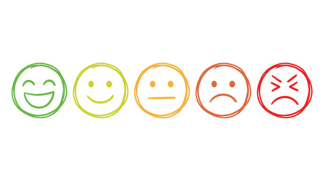 Emotional feedback mood collection, hand drawn doodle set, happy smiling faces, indifferent expressions, sad and angry