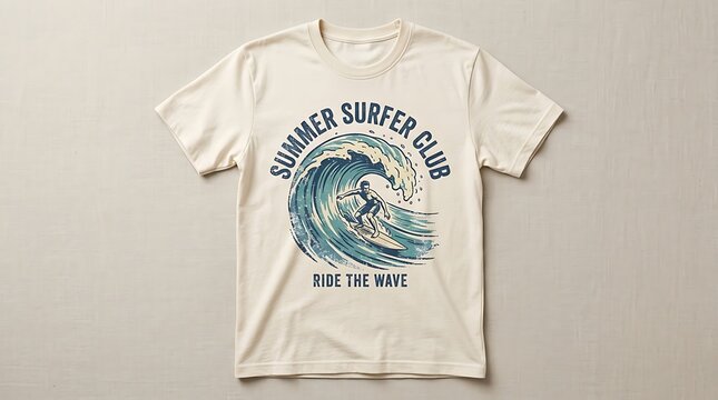 Surfer riding a large wave graphic on a cream t-shirt