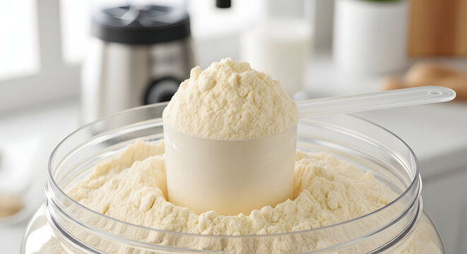 A scoop of creamy vanilla protein powder rests atop a large container ready for a healthy shake or post workout recovery