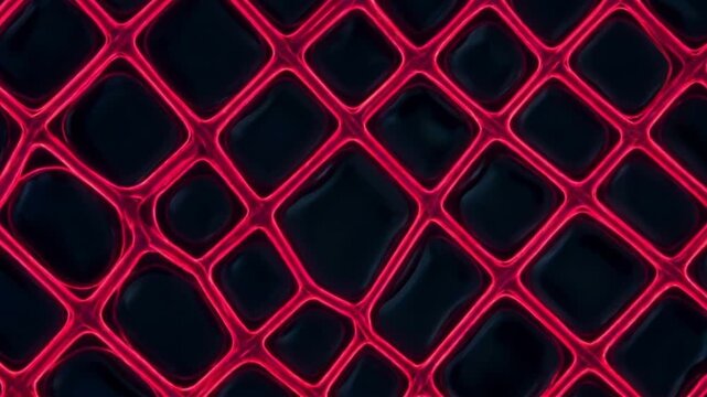 ネオンクリムゾンの前駆体が暗い流体中で重合し幾何学的な格子構造へと変化する物理シミュレーションCG