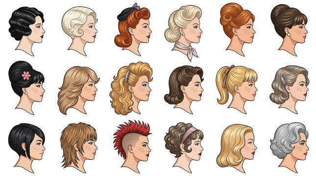  Clean flat-vector illustration of vintage side‑profile portraits with retro hairstyles from the 1920s to 1980s