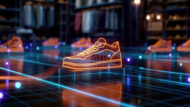 Futuristic digital hologram of a sneaker floating above glowing grid lines in modern store environment with blurred shoe displays in the background