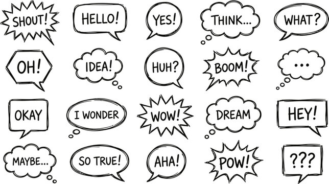 Comic Speech Bubble Collection With Hand Drawn Expressions And Cartoon Communication Elements