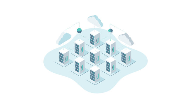 Isometric view of a server cluster linked to cloud icons, showcasing cloud computing and data storage capabilities on a light cyan surface.