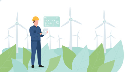 Naklejka premium Technician in yellow hard hat inspects wind turbine performance data on digital tablet near large green leaves in renewable energy field.