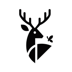 Fototapeta premium Minimalist black silhouette of a deer with prominent antlers and a small butterfly, on a clean white background.
