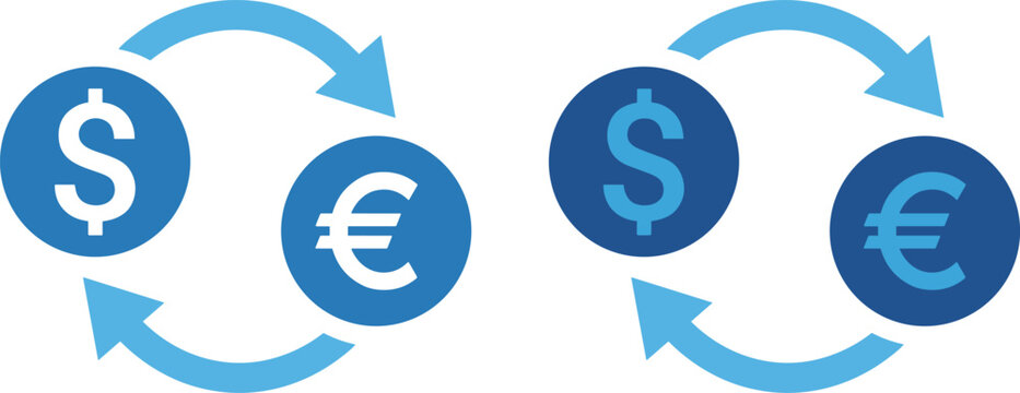 Currency exchange and money conversion vector icon set featuring blue dollar and euro signs with circular transfer arrows