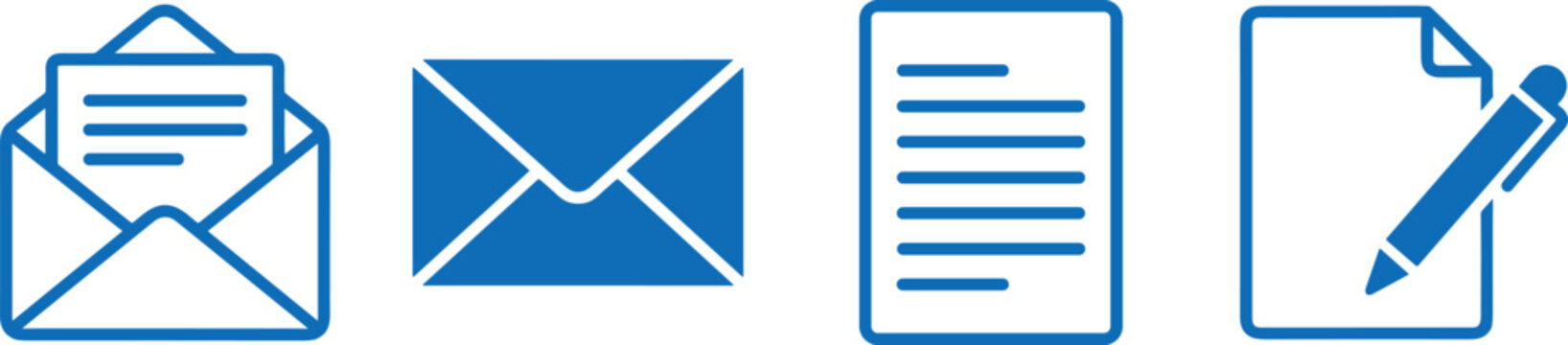 Email and business document line icon set featuring blue envelope letter paper contract and pen signing message vectors