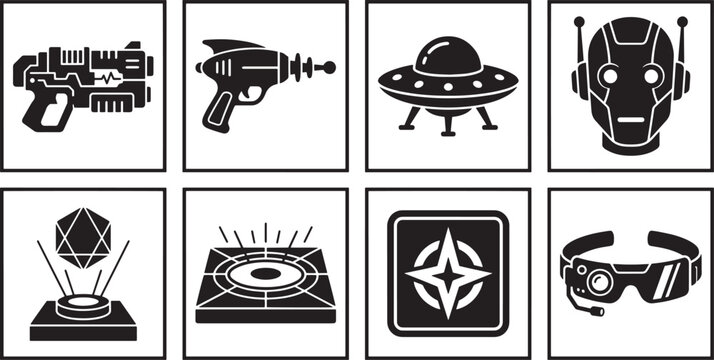 Set of Eight Futuristic Science Fiction Technology Icons Featuring Space Weapons Robots Holograms and Advanced Virtual Reality Gear