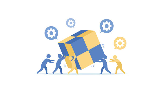 Team of people working together to push large blue and yellow cube with floating gear icons signifying collaborative problem solving and mechanical engineering.