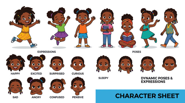 Black girl character sheet with emotional expressions and poses