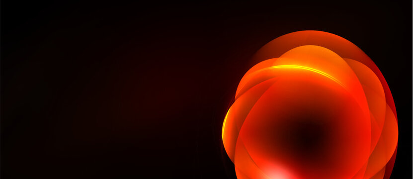 Abstract design features swirling orange shapes against dark background. Brightness creates focal point, suggesting energy, motion.