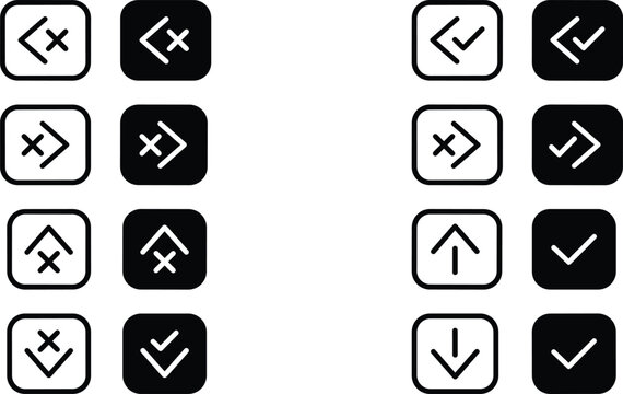 User interface arrow button icon set featuring square linear and solid buttons with checkmarks and close crosses vectors