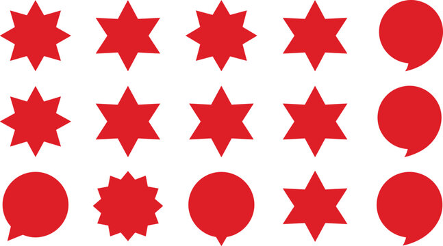 Red promo sticker and price tag icon set featuring blank starburst badging star bursts and speech bubble silhouette vectors