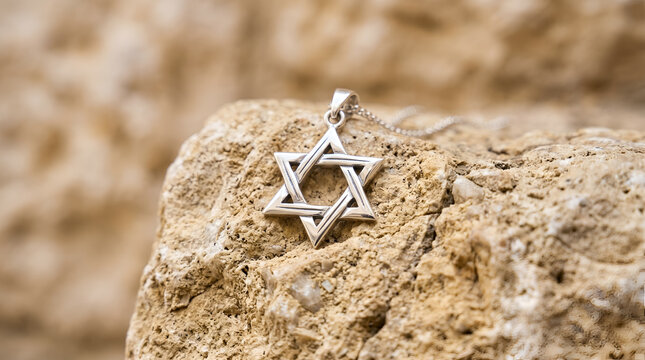 Star of david pendant resting on rough limestone rock surface representing jewish faith and heritage