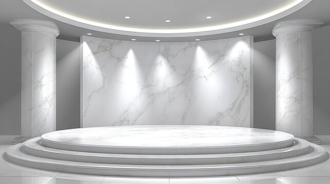 Circular tiered podium sits beneath spotlights against a curved marble backdrop flanked by classical columns