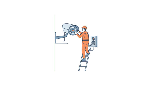 Technician wearing an orange jumpsuit stands on a tall ladder to install a security camera on a wall for building monitoring and surveillance system maintenance.