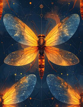 A symmetrical artwork of a glowing insect with translucent wings