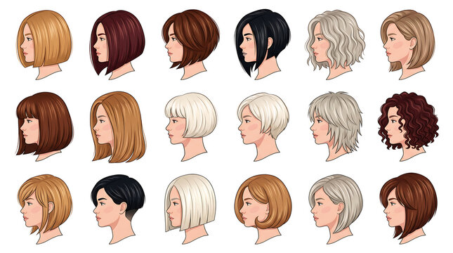 Clean flat-vector illustration of 16 bob haircut side‑profile portraits with variations in length, angle and texture