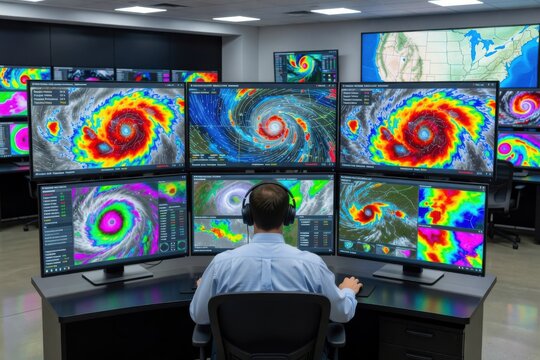 A meteorologist sits at a workstation monitoring multiple screens showing live hurricane data maps.