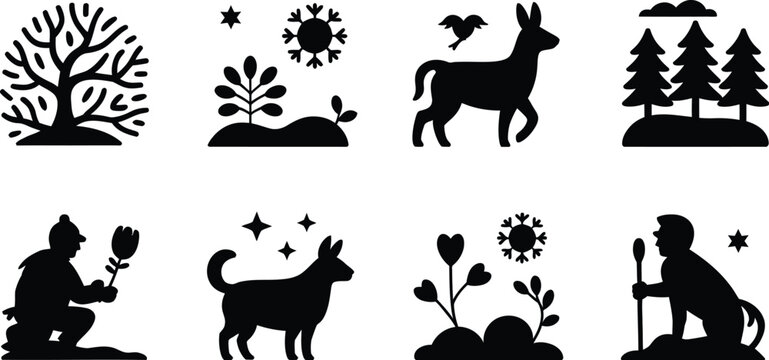 Collection of simple black silhouette icons depicting nature animals and people in diverse settings .silhouette degin