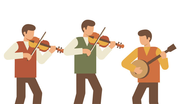 Trio of musicians playing violin and banjo in a vector illustration style for folk performance and musical ensemble concepts on a neutral surface.