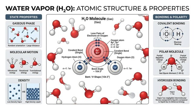 Water vapor (H₂O) atomic structure and properties infographic focusing on electron distribution, covalent O&ndash;H bonds, polarity, hydrogen‑bonding networks, comparisons of state, molecular motion, and de