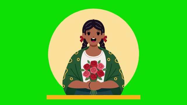 Animated flat character of a traditional cultural woman wearing a red rose pattern scarf on a yellow background.
