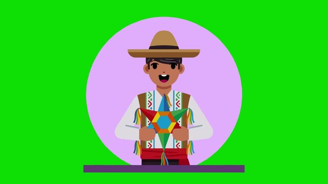 Animated flat character of a traditional mexican man wearing a straw sombrero hat on a purple circle background.