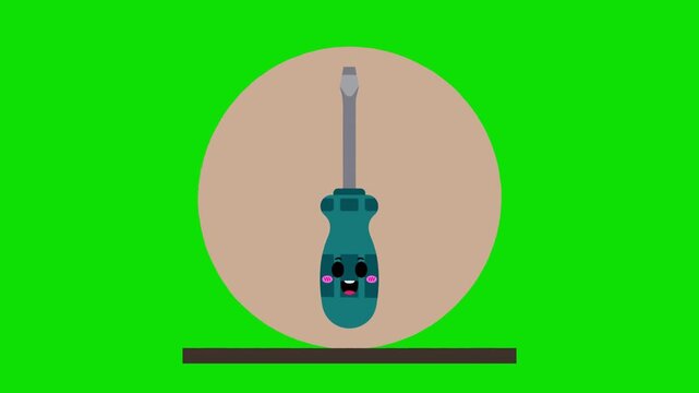 Flat 2D animation of a cute green screwdriver tool hardware character smiling inside a brown circle frame.