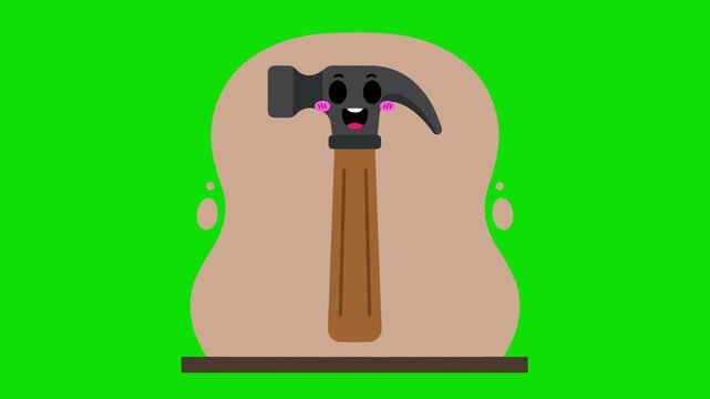 Flat 2D animation of a cute carpenter hammer tool character smiling inside a green circle frame.