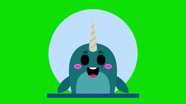 Animated character of a cute blue narwhal whale head with a horn inside a blue circle frame with a green background.